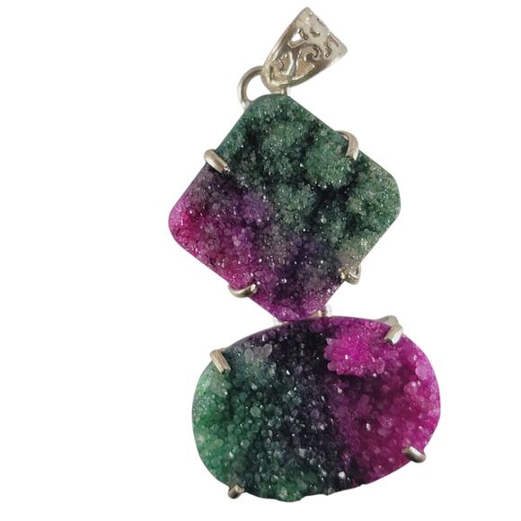 Sterling Silver Rainbow Drusy Pendant Raw Slice Gem Crystal Quartz 2.5" - Picture 2 of 10